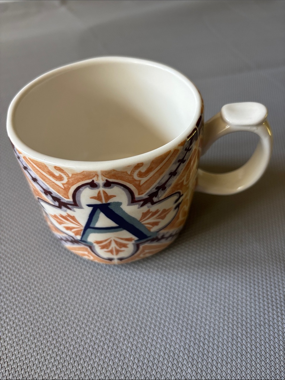 Anthropologie Ceramic Monogram 'A' Mug in Cream, Blue, Orange